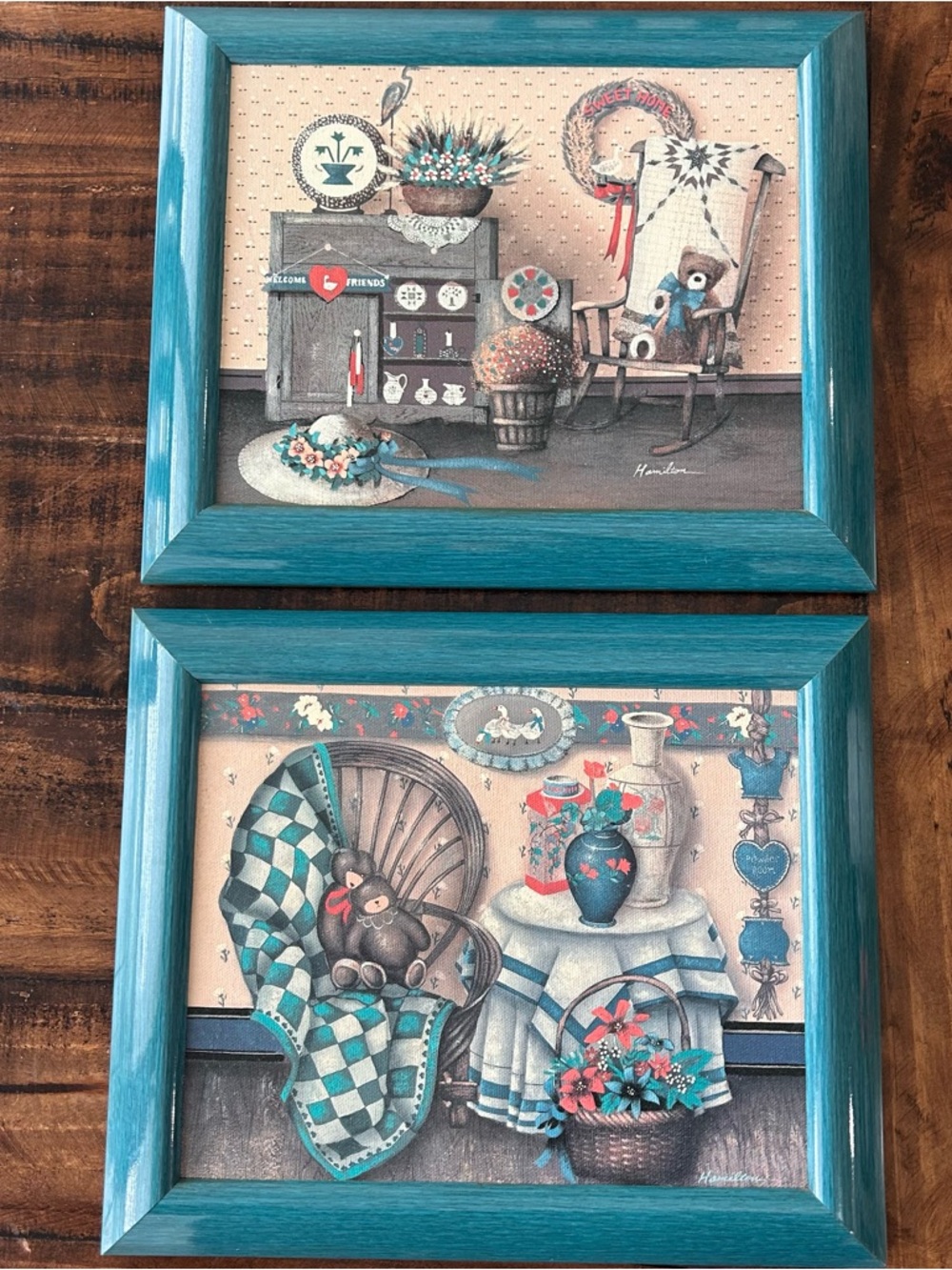 Set Of 2 Vintage Framed  American Folk Lithographs On Canvas Signed “HAMILTON “